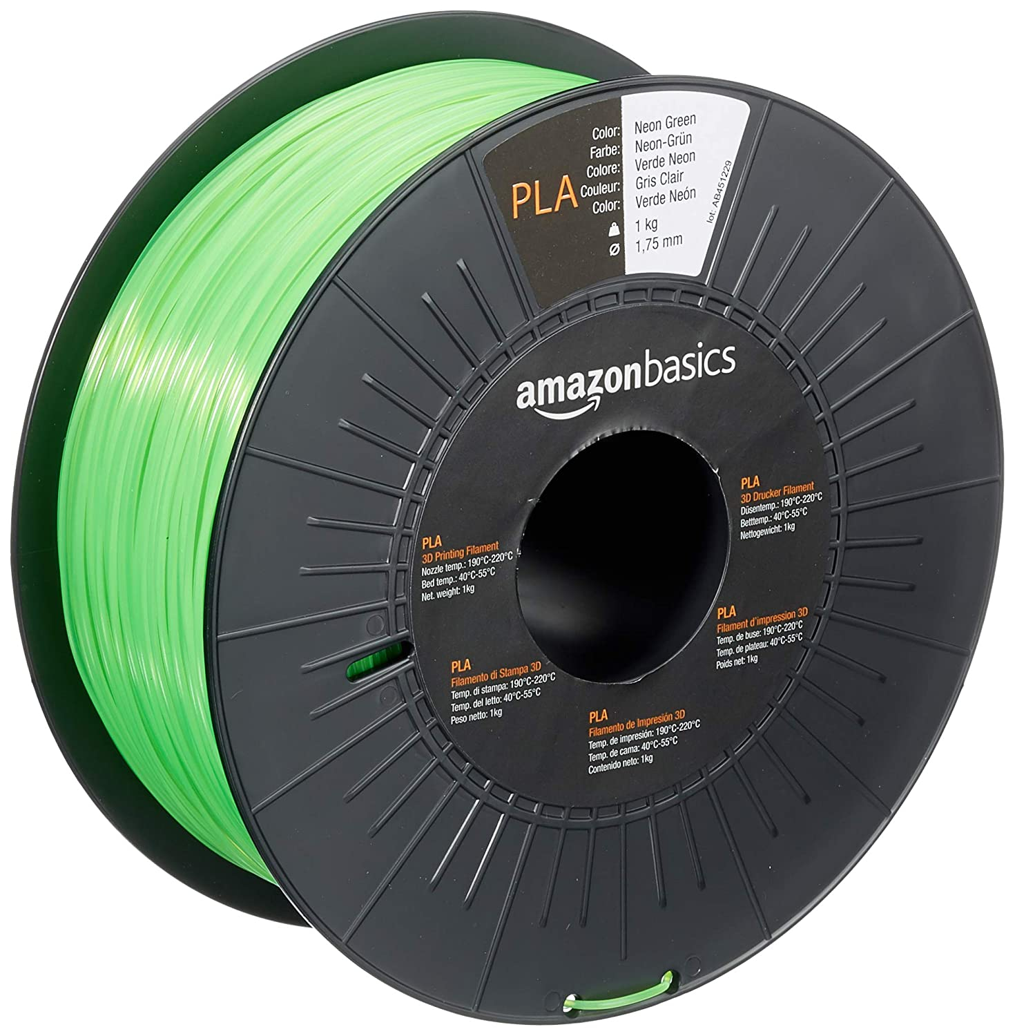 image représentant le filament Amazon Basics Filament PLA pour imprimante 3D, 1,75 mm, Néon Vert, Bobine, 1 kg 